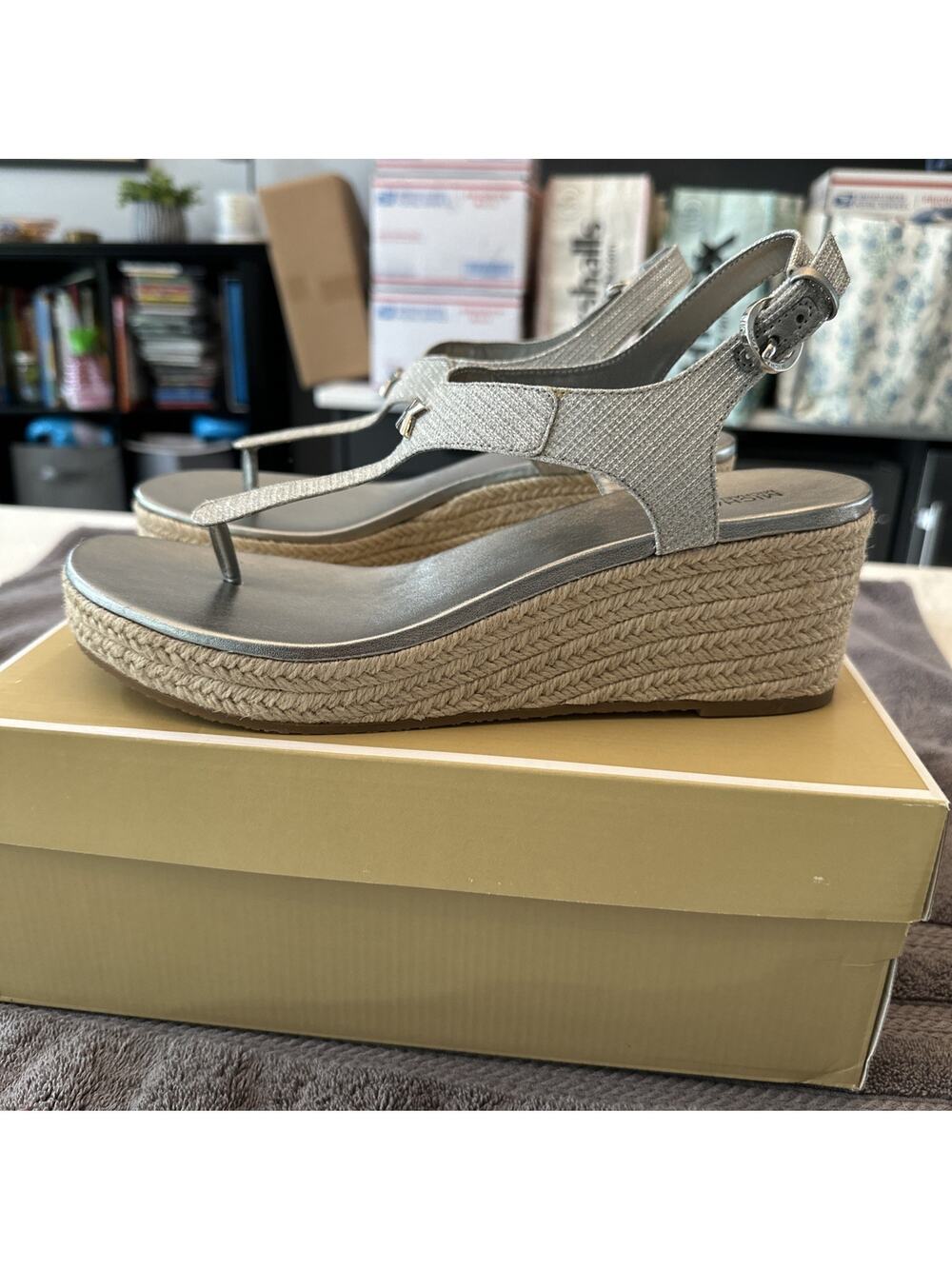 Michael Kors Laney Thong Espadrille Wedge Sandals Silver Glitter Mesh Women 10M